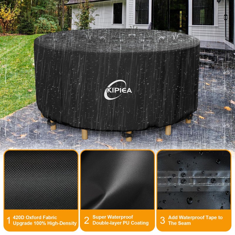 Kipiea Round Patio Table Cover Waterproof  420D Heavy-Duty Round Patio Furniture Covers  No Tears Anti UV No Fading (62"" Dia x 28"" H) - Image 3